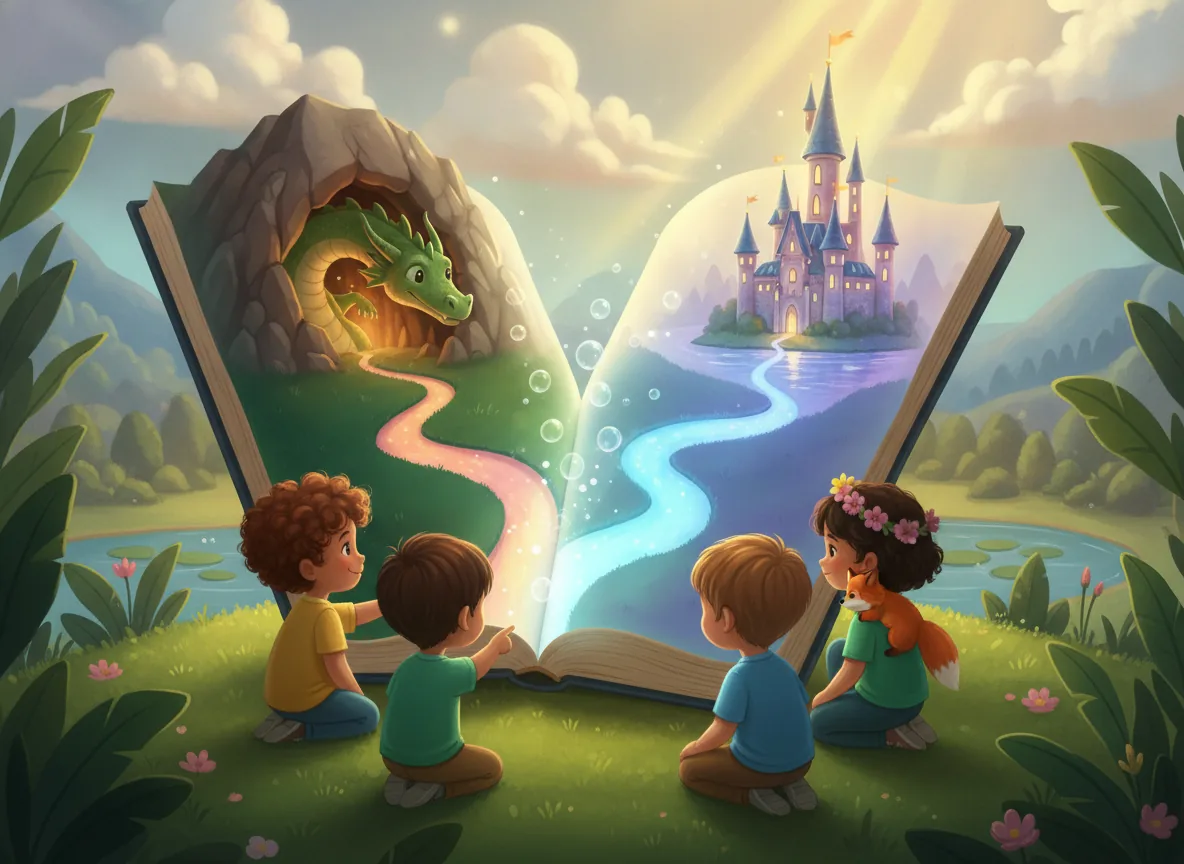 Children choosing a path in a magical storybook, representing interactive storytelling and imagination for problem-solving.