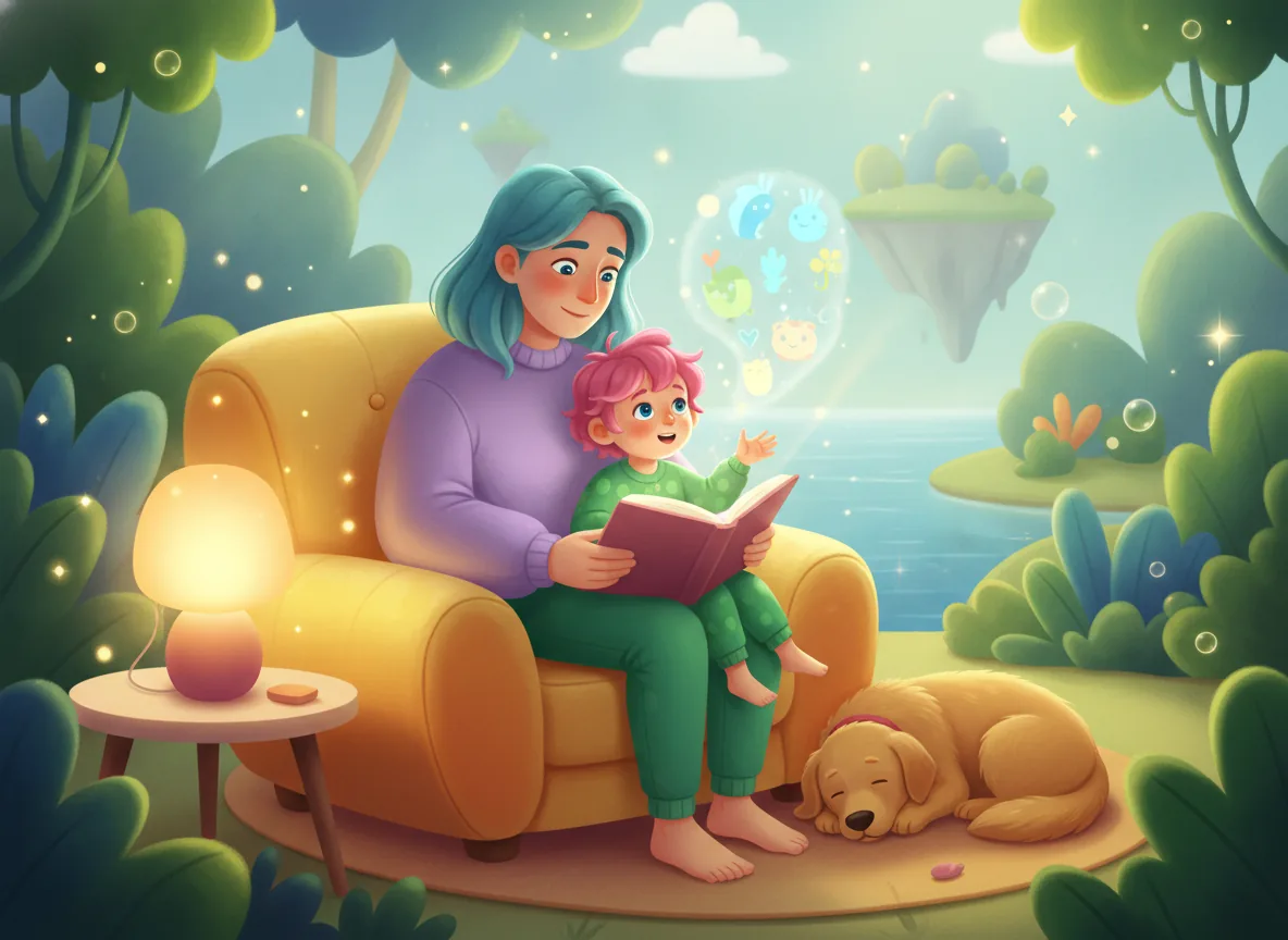 Parent and child on armchair, discussing 
