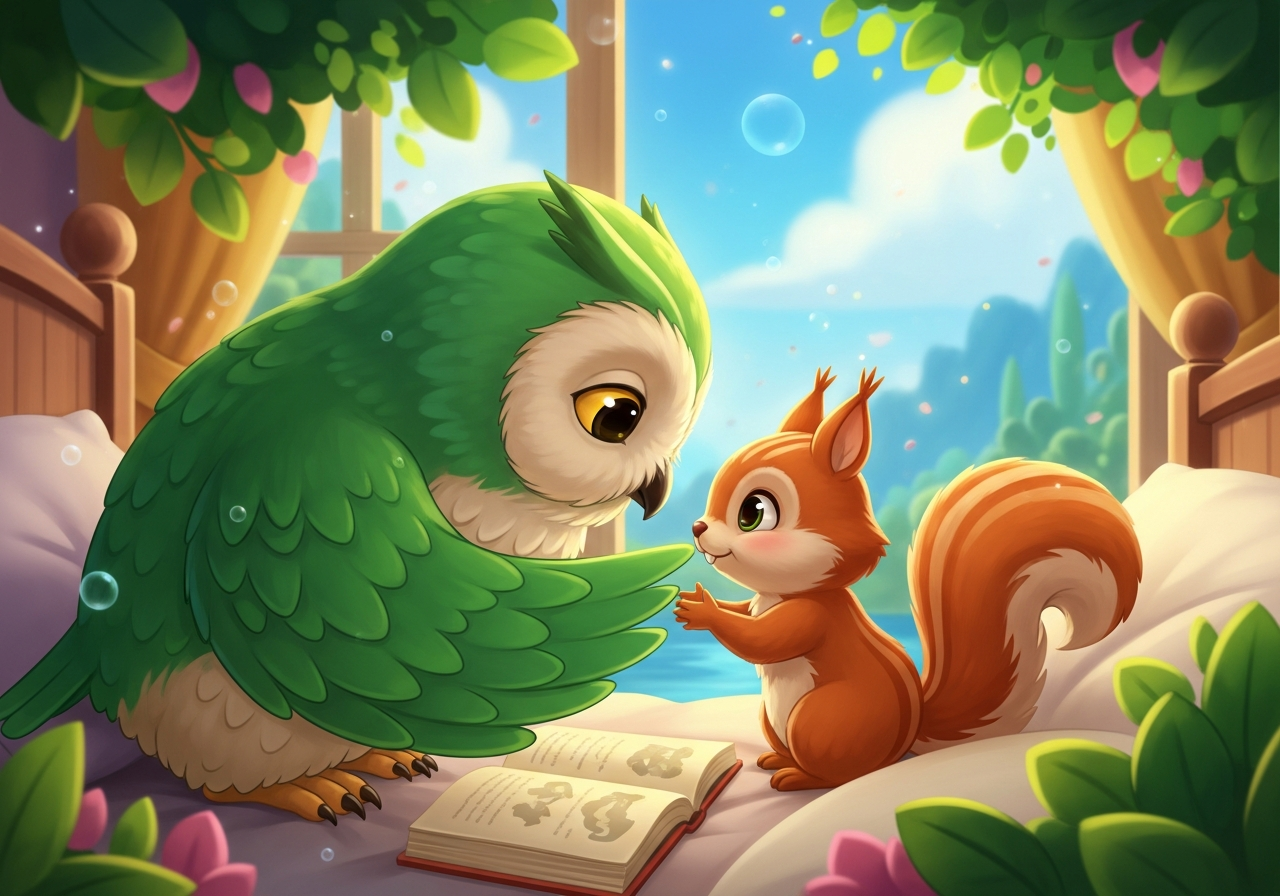 An owl parent giving a comforting