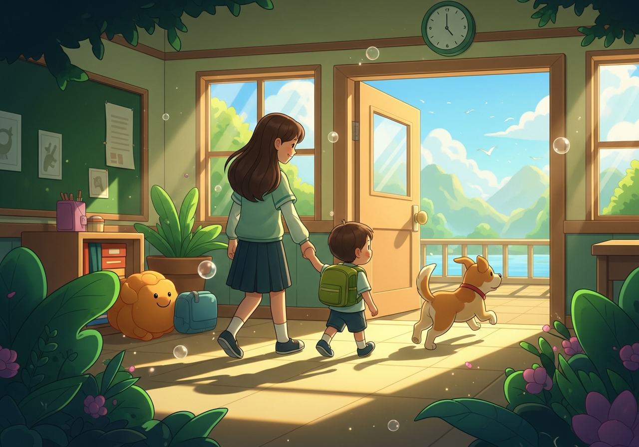A child and parent holding hands, walking down a sunlit school hallway with a friendly dog, exploring the school environment.