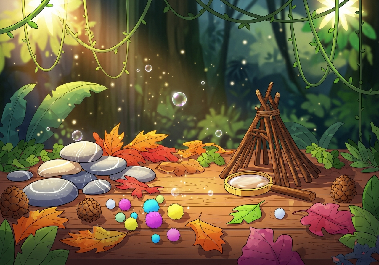 Rustic table with natural play elements like stones, leaves, and pinecones, encouraging sensory play and imagination.