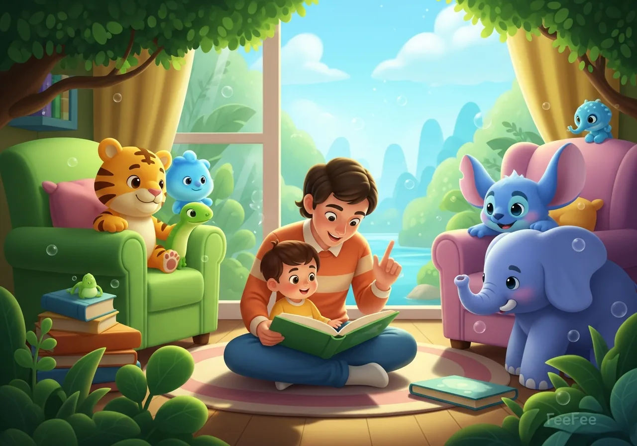 Parent and child invent a story together with a fluffy creature, illustrating imaginative, screen-free language activities.