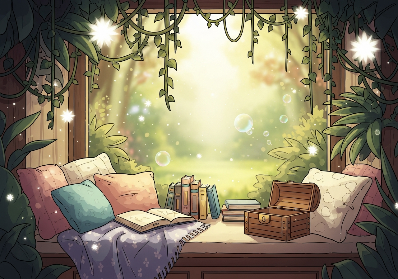 Cozy, sunlit window seat with storybooks and an open wooden treasure chest, symbolizing imaginative discovery.