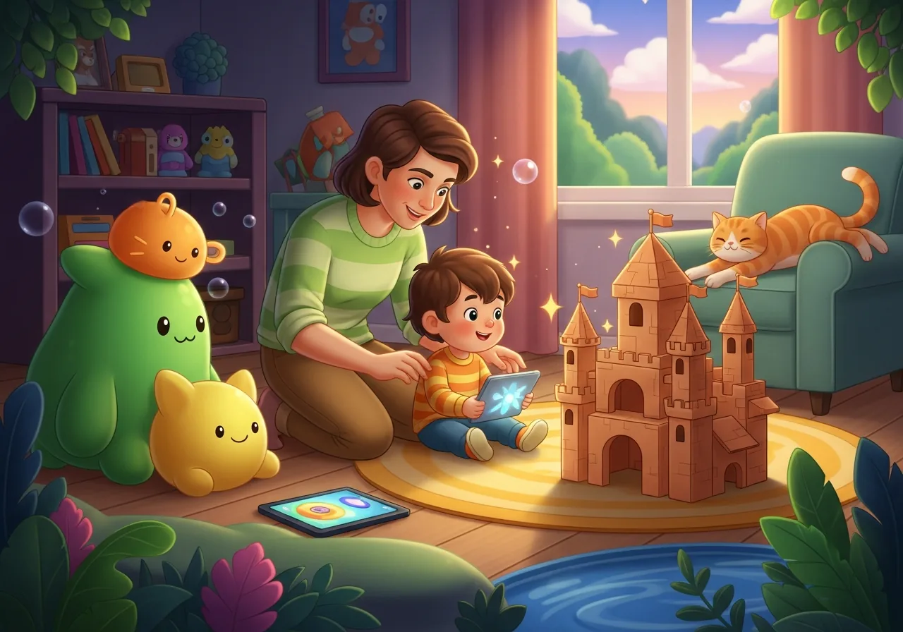 A parent gently encourages a child to build a cardboard castle instead of using a tablet, with a cat nearby, showing screen time transition.