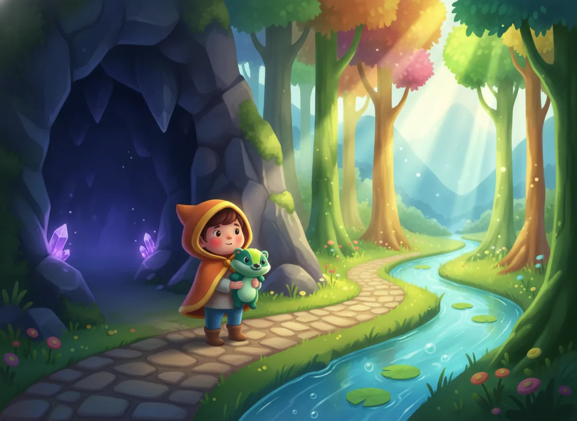 Young child and brave fox-like creature at a path split, deciding between a shadowy cave and a sunlit, whimsical forest trail.