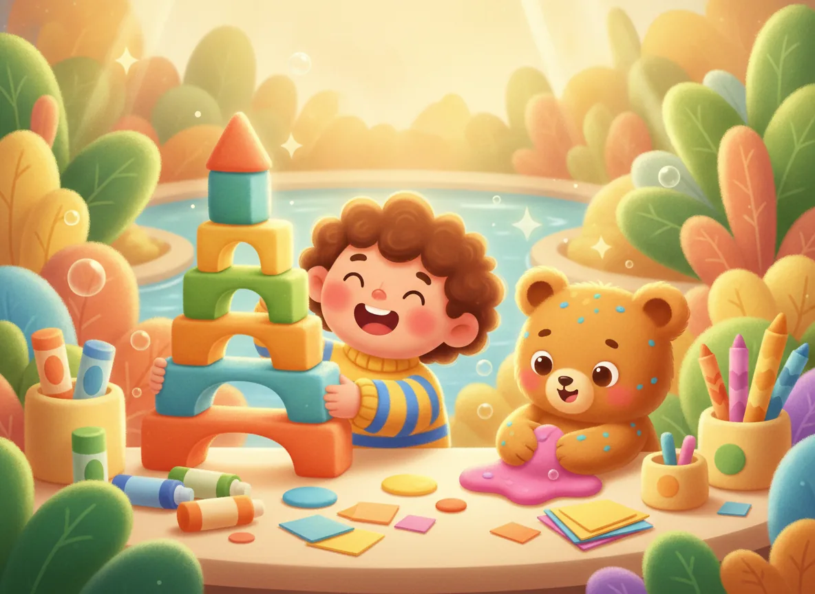 Kids and a bear cub engage in creative screen-free play: building blocks, molding clay, and arts & crafts on a vibrant table.