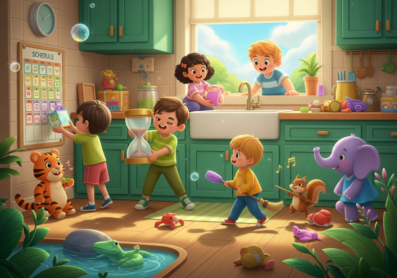 Children joyfully gamify cleanup in a bright kitchen, using a visual schedule and sand timer, with a helpful squirrel.