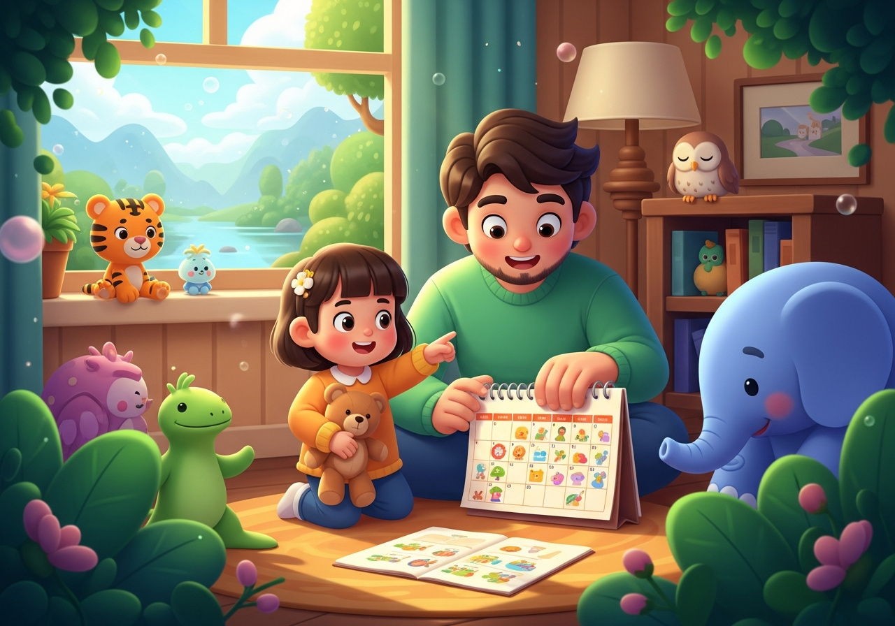 Parent and child plan their day with a calendar in a warm living room, child holds a teddy bear, sleepy owl nearby. Hopeful.