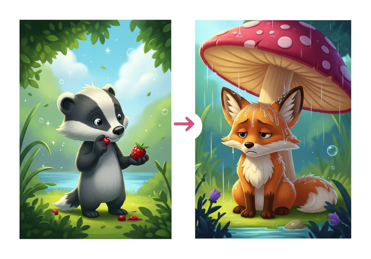 A badger offers a berry to a grumpy fox under a mushroom, illustrating choice and consequence in an interactive story.
