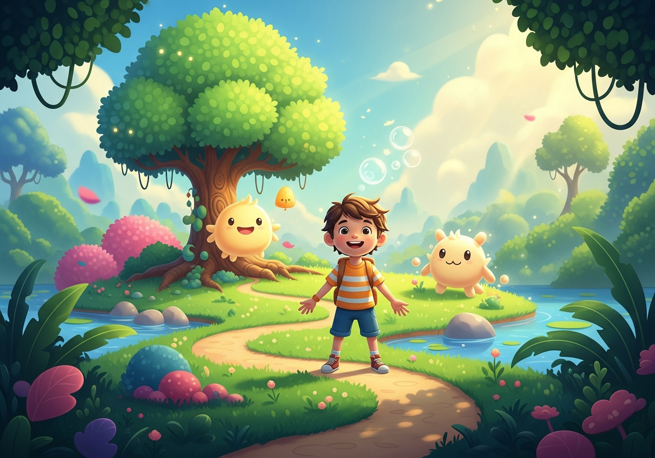 A happy child stands proudly in a whimsical, fantastical landscape they've imagined and built, glowing with warm sunlight.
