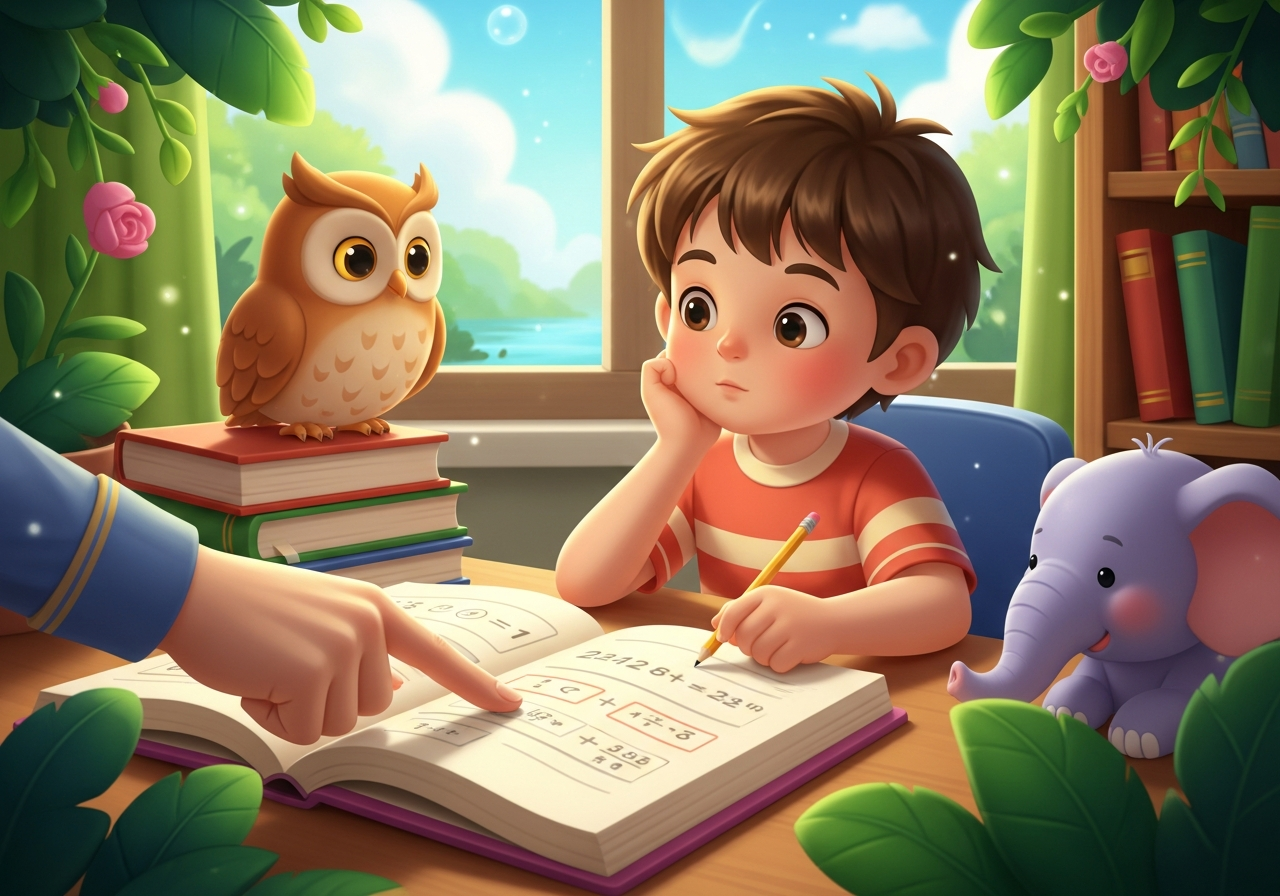 Adult guiding child with homework using a pointing finger, fostering independent problem-solving.