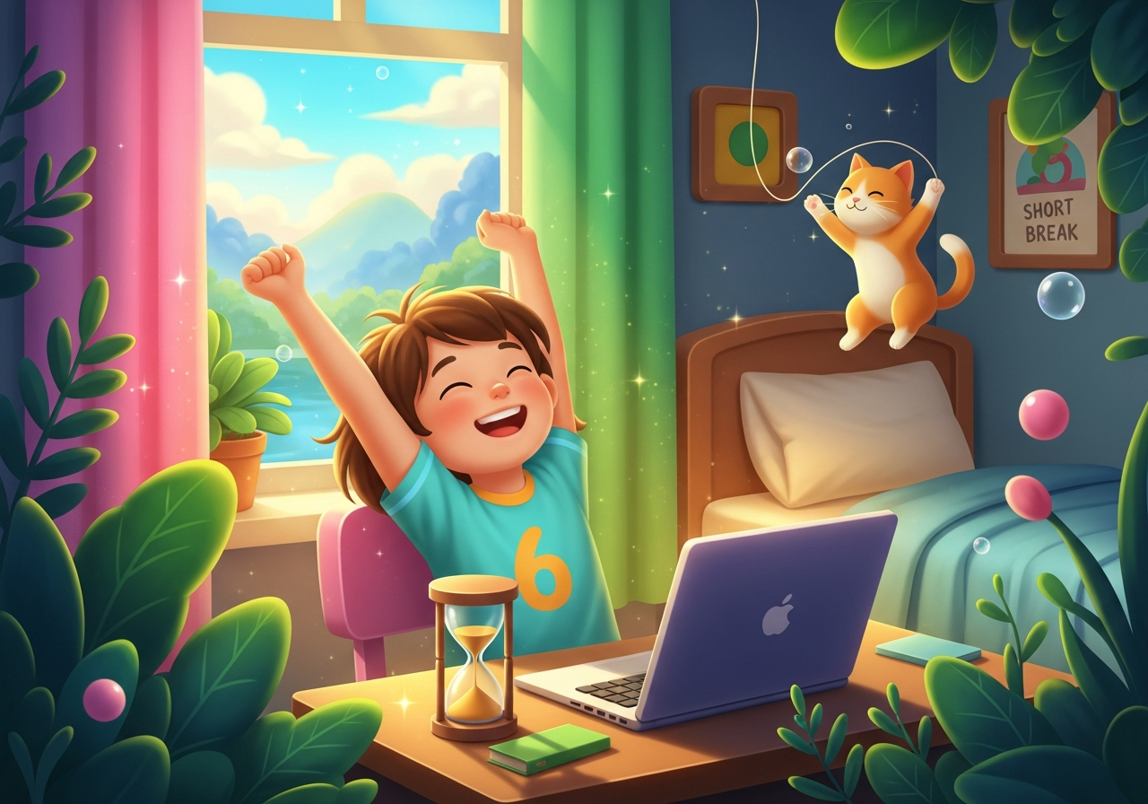 Child stretching happily in a colorful room, taking a homework break with a playful kitten nearby.