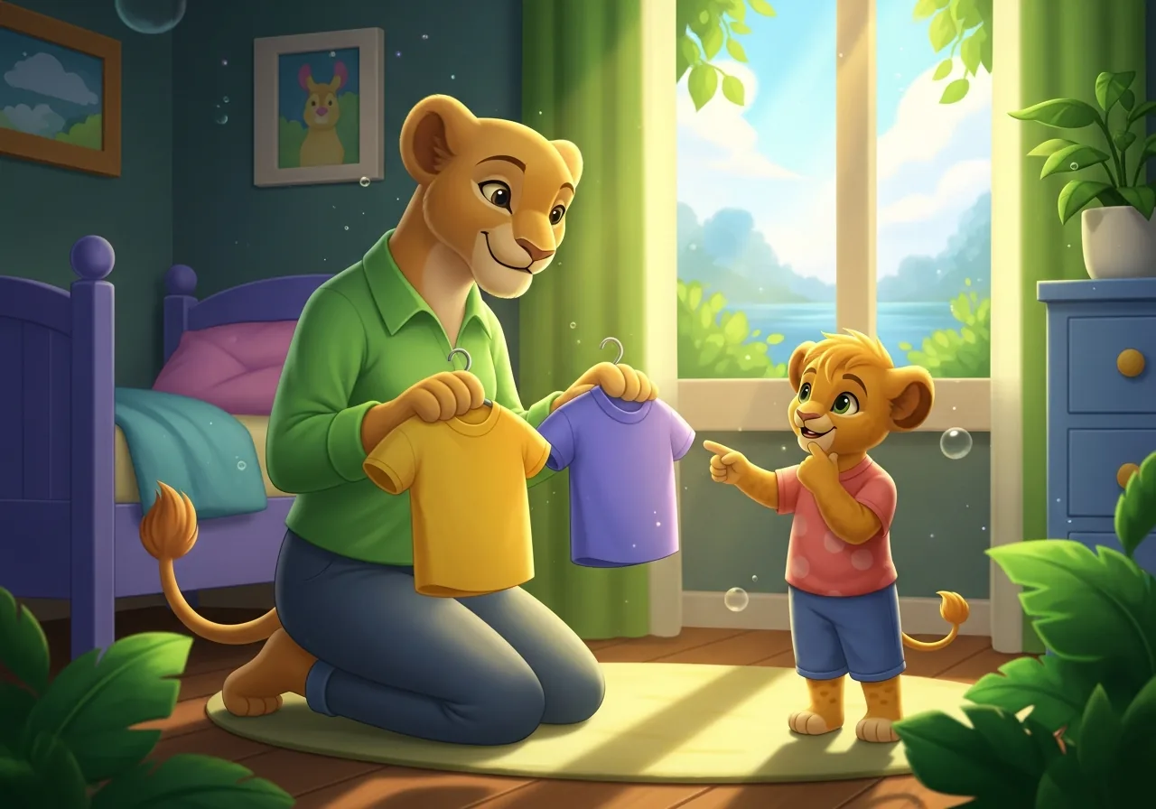 A parent offers a child choices between two different colored shirts in a bright room, demonstrating empowerment through decision-making.
