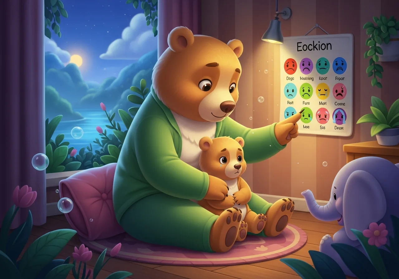 A mother bear comforts her cub, using an emotion chart to teach vocabulary and validate feelings, promoting long-term emotional growth.