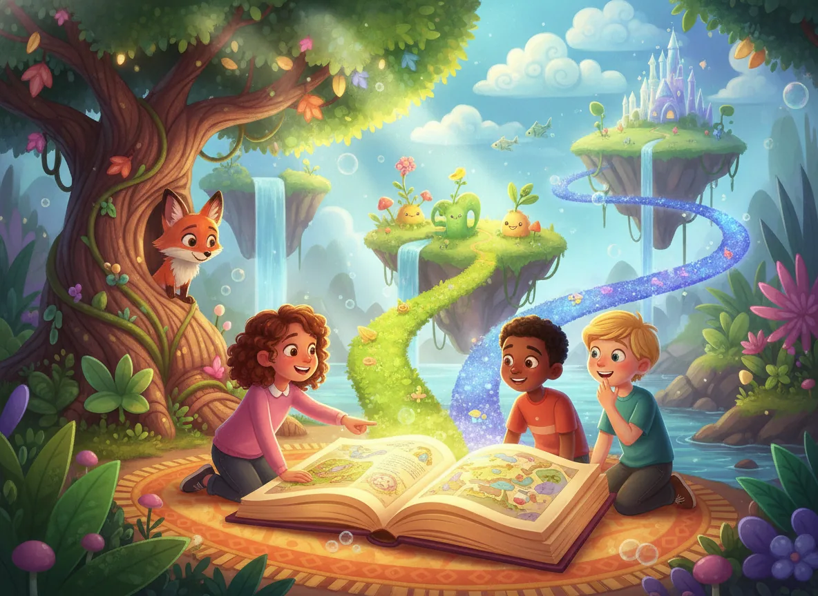 Children choose between diverging paths in a glowing interactive storybook, exploring different outcomes in a vibrant, fantastical world.