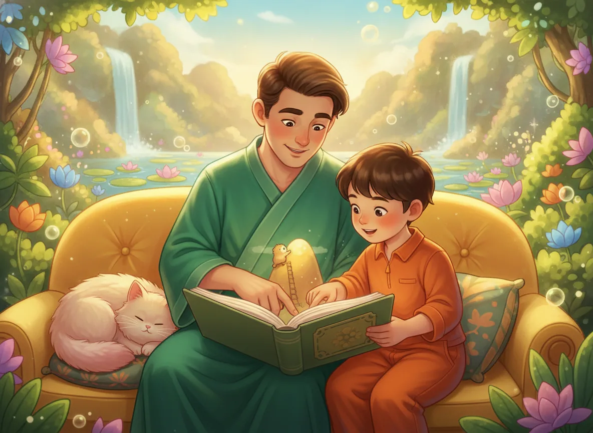 A parent and child share a storybook, discussing character challenges in a warm, cozy living room, illustrating collaborative learning.
