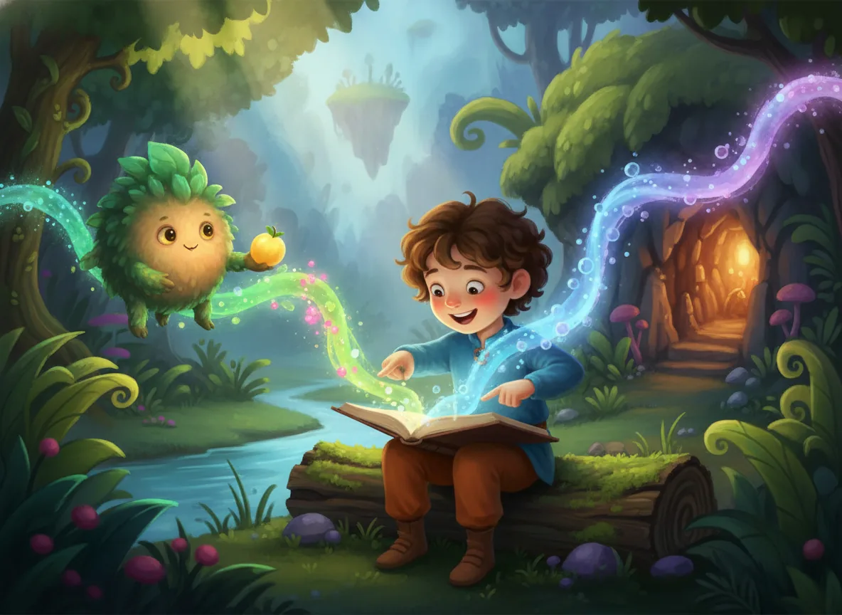 Child actively pointing at diverging paths in an interactive storybook, symbolizing engagement and choice in building focus.
