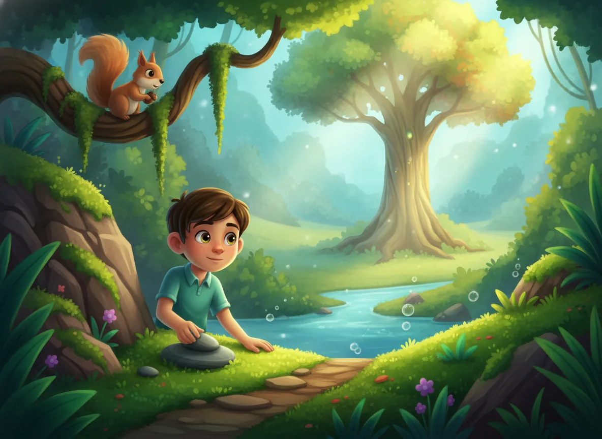 Confident child following real-life multi-step directions in a sunny forest, demonstrating improved capability from interactive stories.