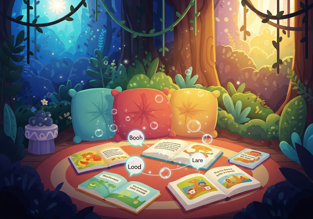 Cozy reading nook with dual-language picture books and glowing word bubbles, emphasizing interactive bilingual learning.