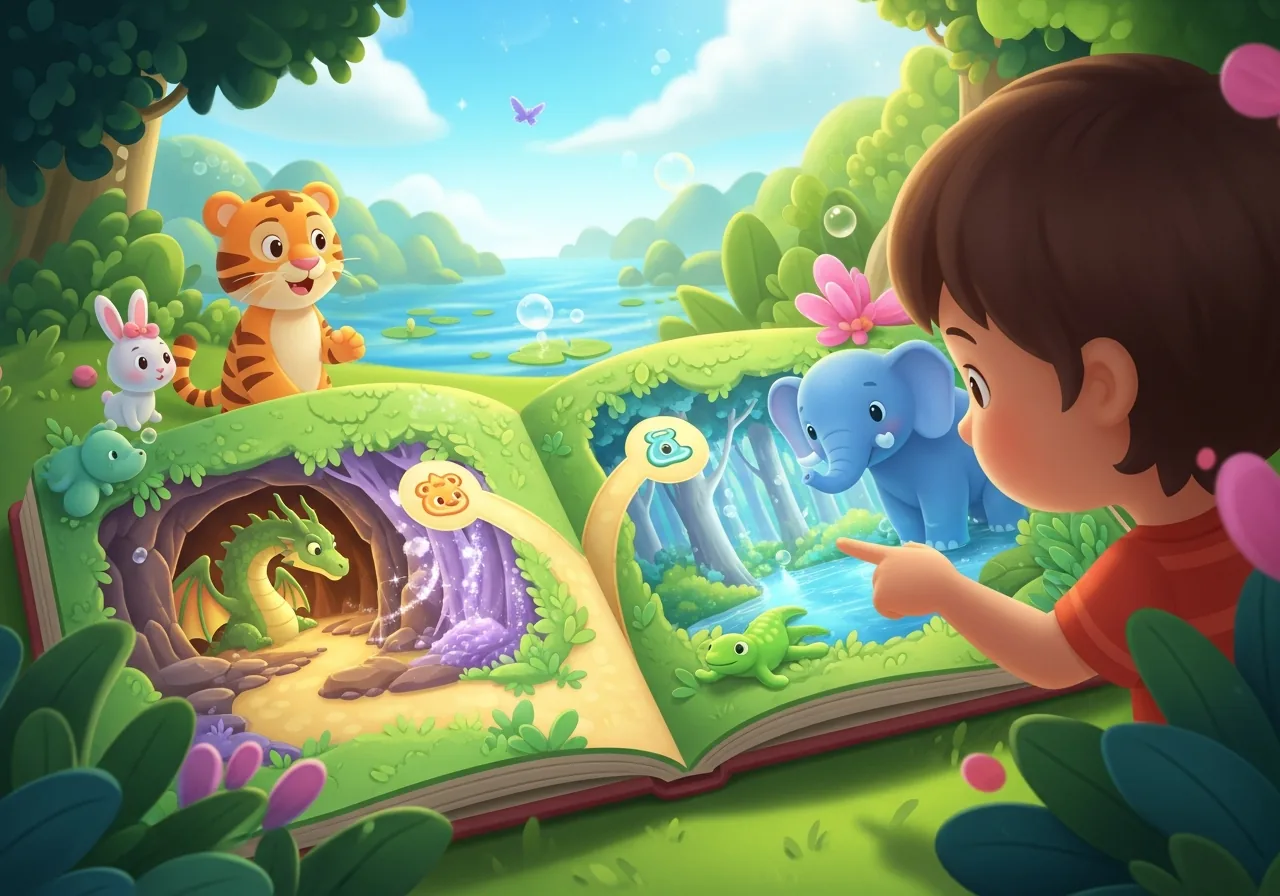 A child points at a bilingual choose-your-own-adventure book, its pages illustrating diverging fantastical paths and story choices.
