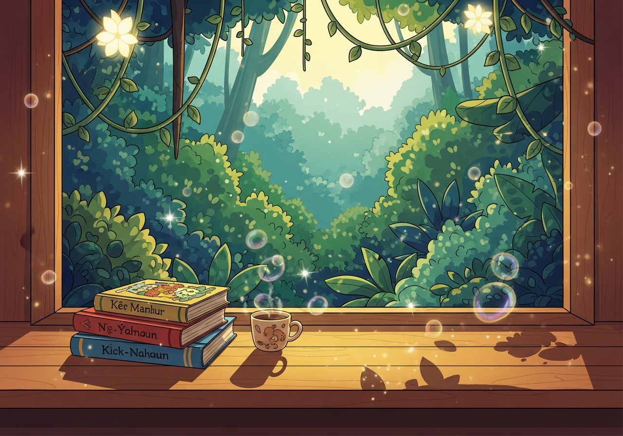 Peaceful window seat with bilingual storybooks and warm light, symbolizing the joy and effectiveness of reading.