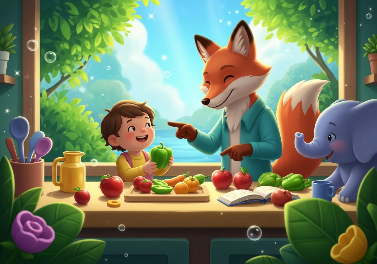A child and a friendly fox sorting colorful fruits in a bright kitchen, showing interactive bilingual learning in daily life.