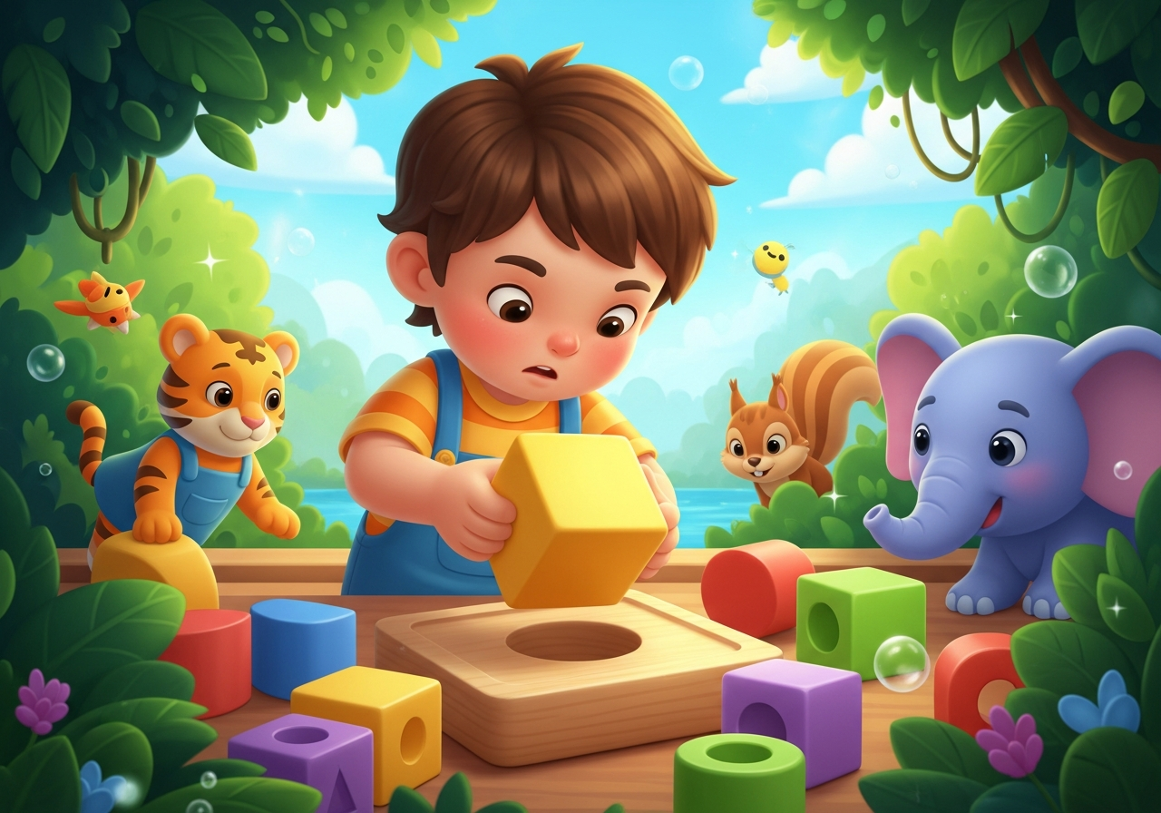 Child focused on fitting a square block into a round hole, illustrating problem-solving through play. A squirrel observes the learning process.