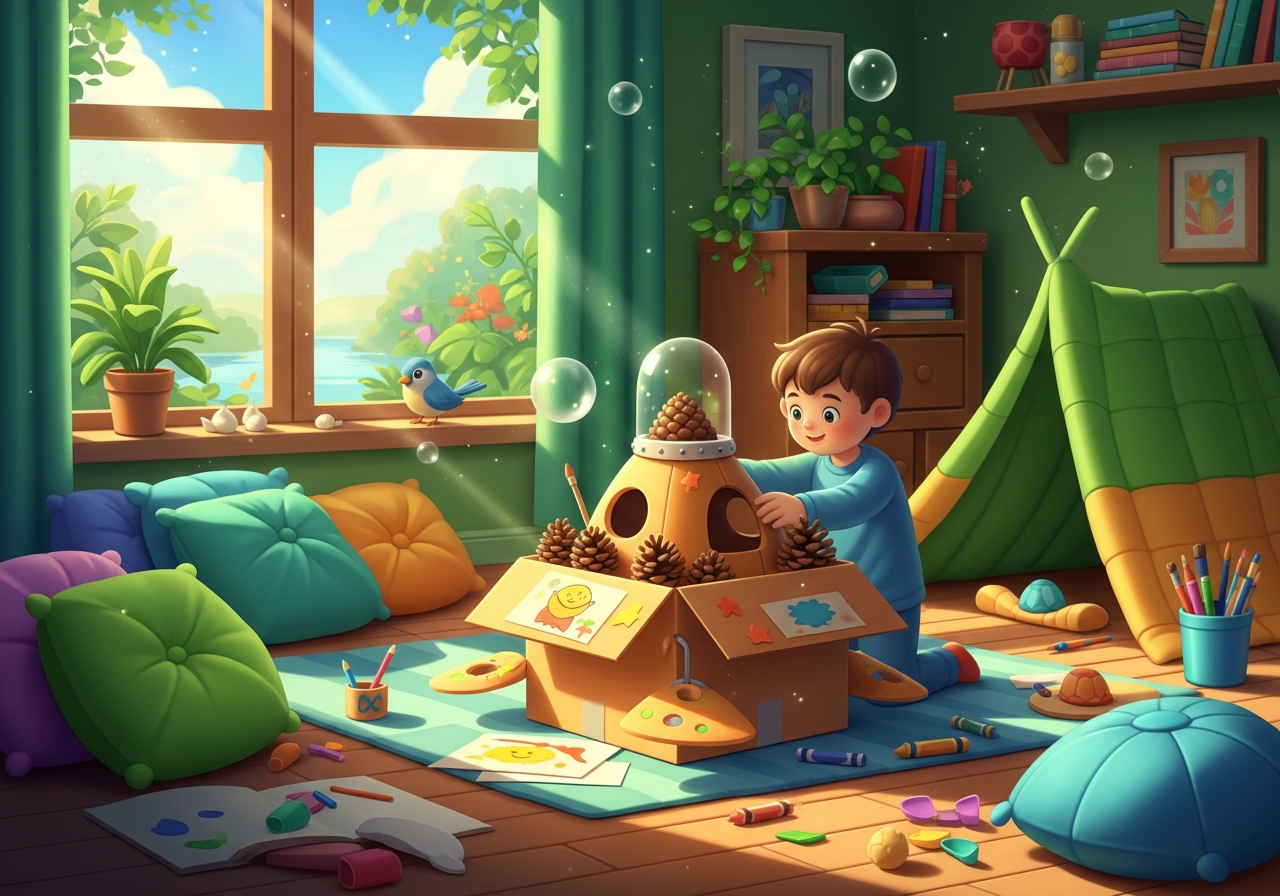 Cozy living room showing a child creating a spaceship from a cardboard box, surrounded by open-ended play materials.